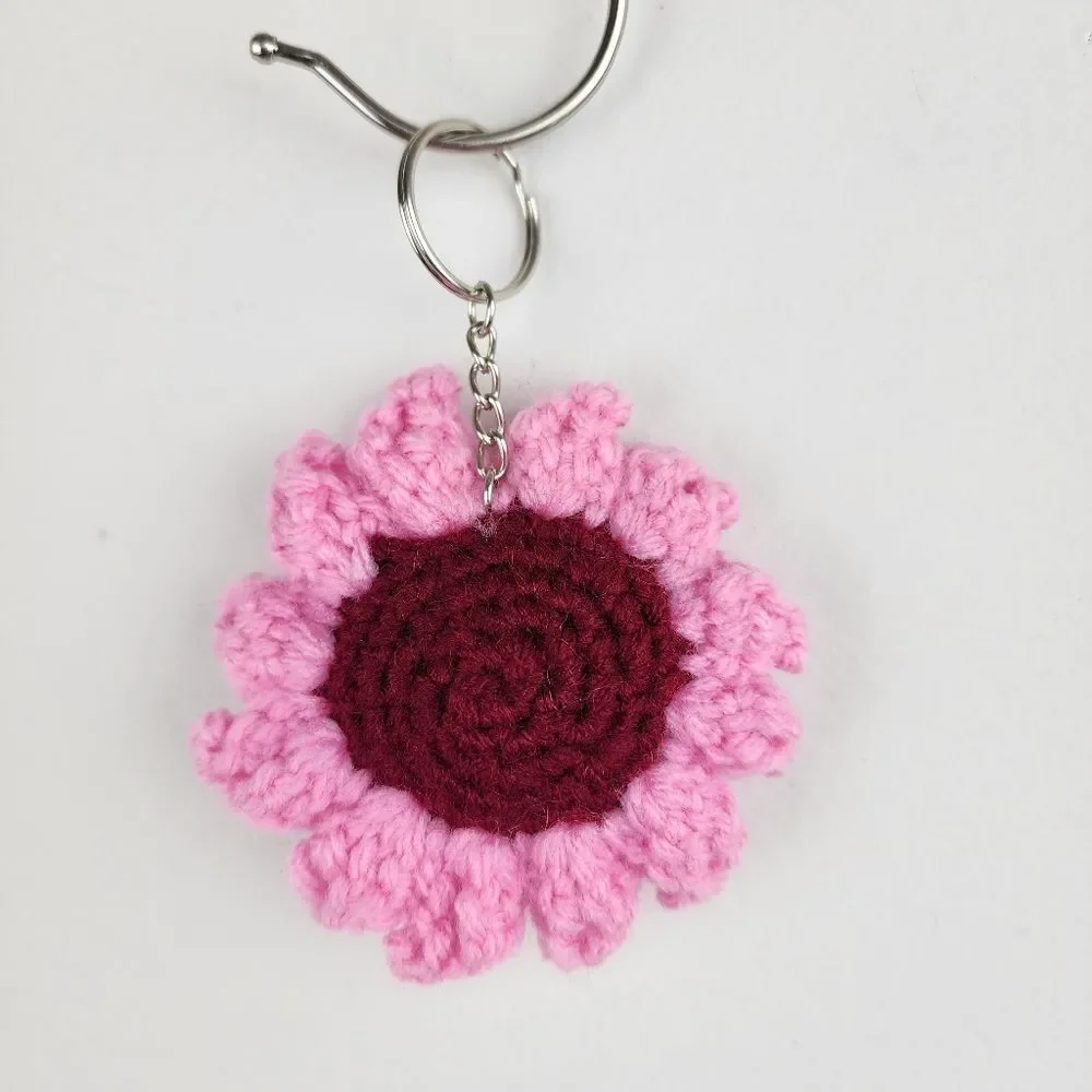 New Crochet Stuffed Keychain Burgundy Pink Flower Handmade Handcrafted